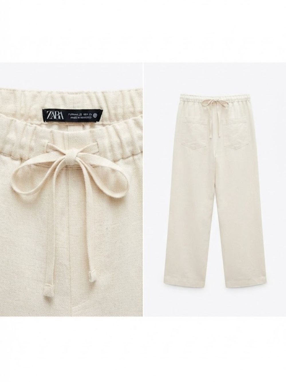 ZARA Off White Linen Wide Leg Pants Cream Coastal Drawstring Trousers / Size XS